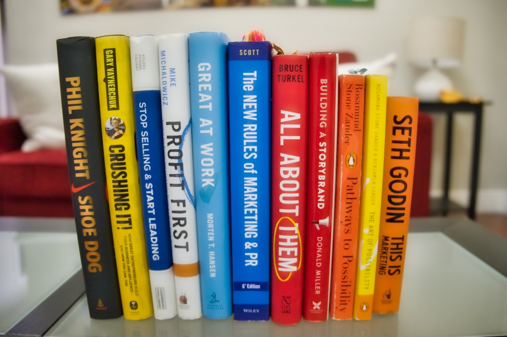 A row of eleven business books that the Accelerate South Dade CEO Book Club has read in the last 18 months or so. Some of the best books that entrepreneurs everywhere should read.
